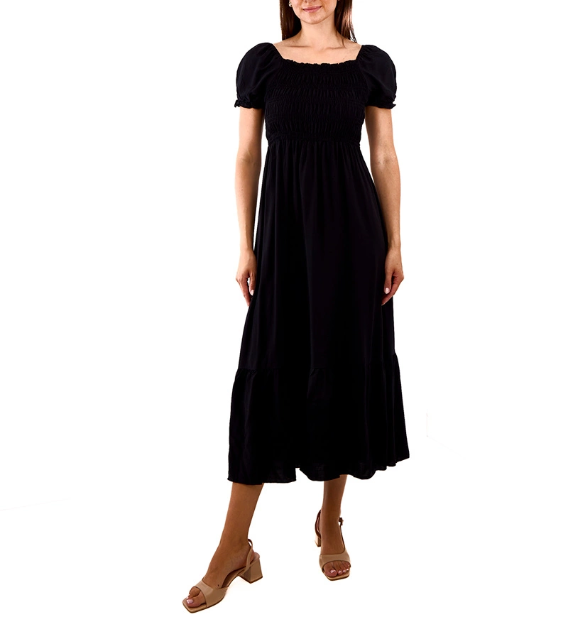 Demisa maxi hosszúságú fekete ruha ráncolással