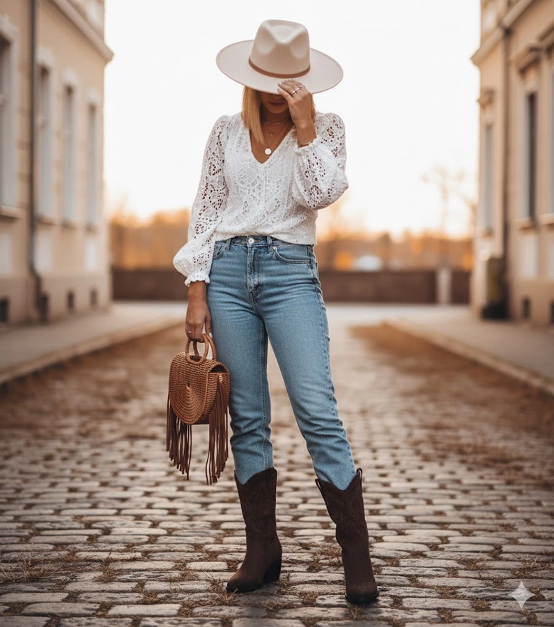 Barna hímzett Cassa westerncsizma