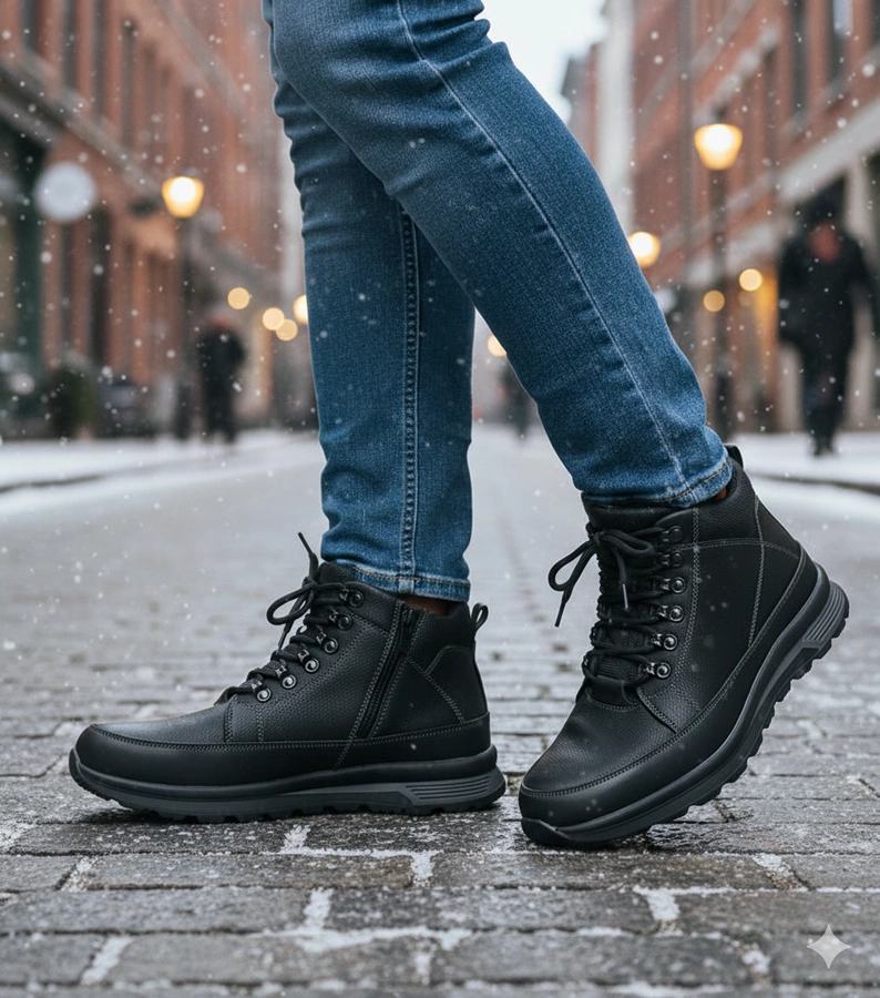 Fekete szőrmével bélelt férfi bakancs platformtalppal Paul