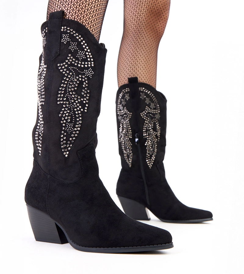 Fekete alacsony sarkú strasszos cowboy csizma Masura