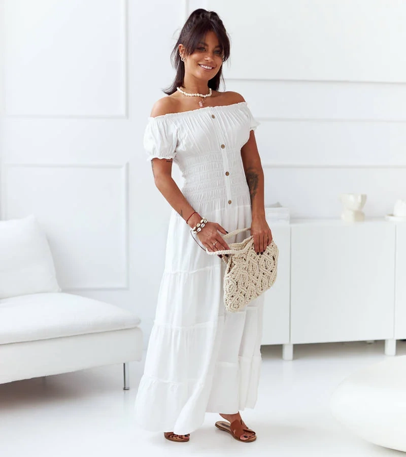 Fehér maxi ruha Elenna ráncokkal