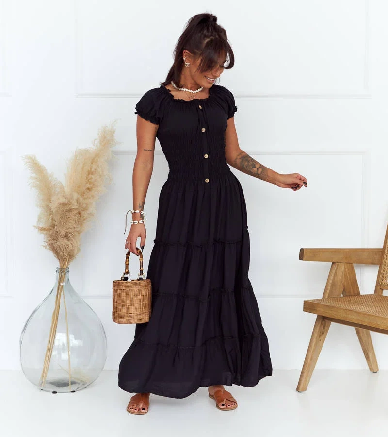 Fekete maxi ruha Elenna ráncokkal