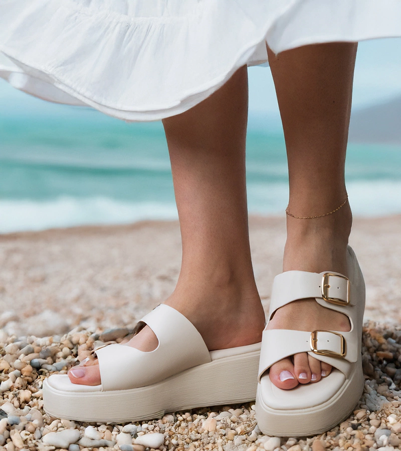 Fehér Wollis pántos csatos papucs