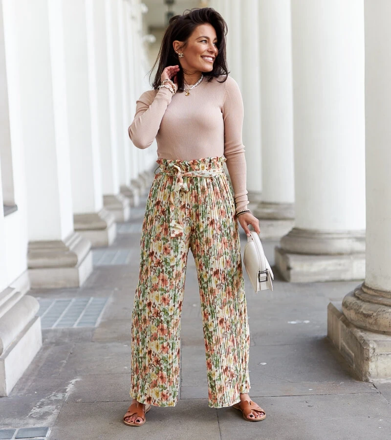 Sammira női széles pliszírozott bézs nadrág