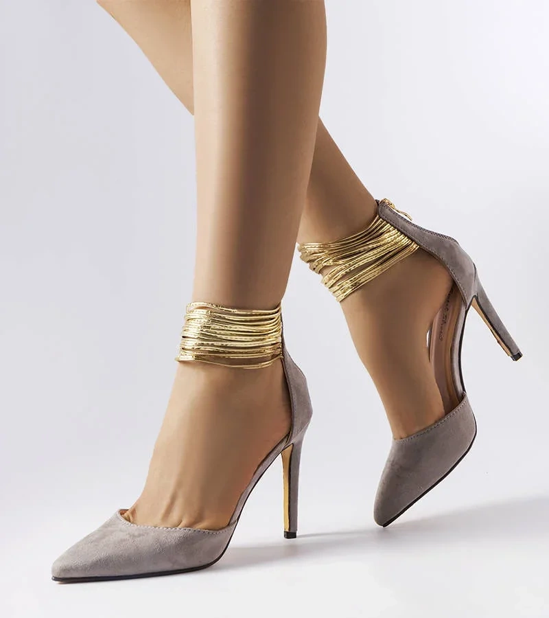 Szürke tűsarkú cipő arany csíkokkal Dulin