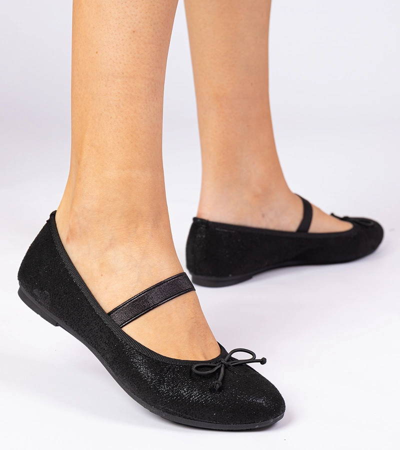 Fekete női balerinacipő masnival gumipánton Lerona