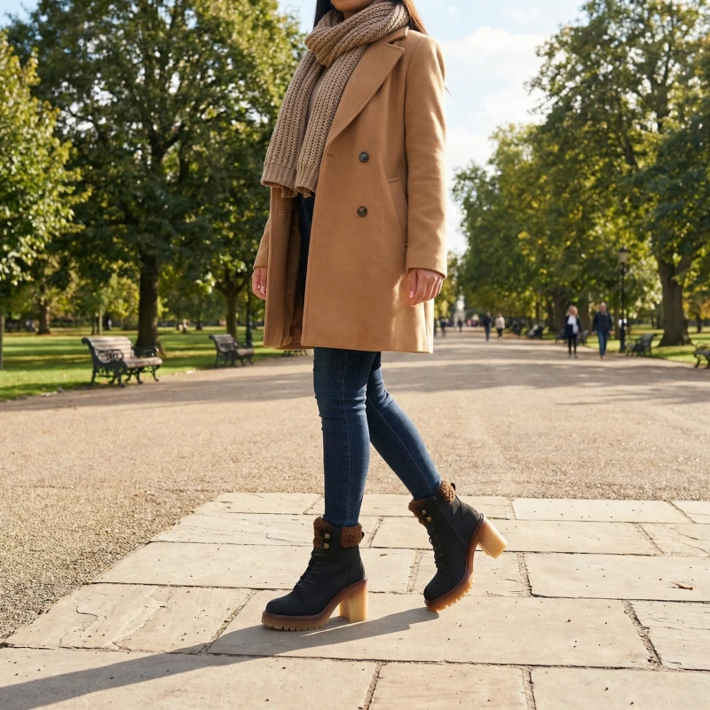 Fekete bokacsizma szögletes sarokkal, szőrmével a szárán Alona