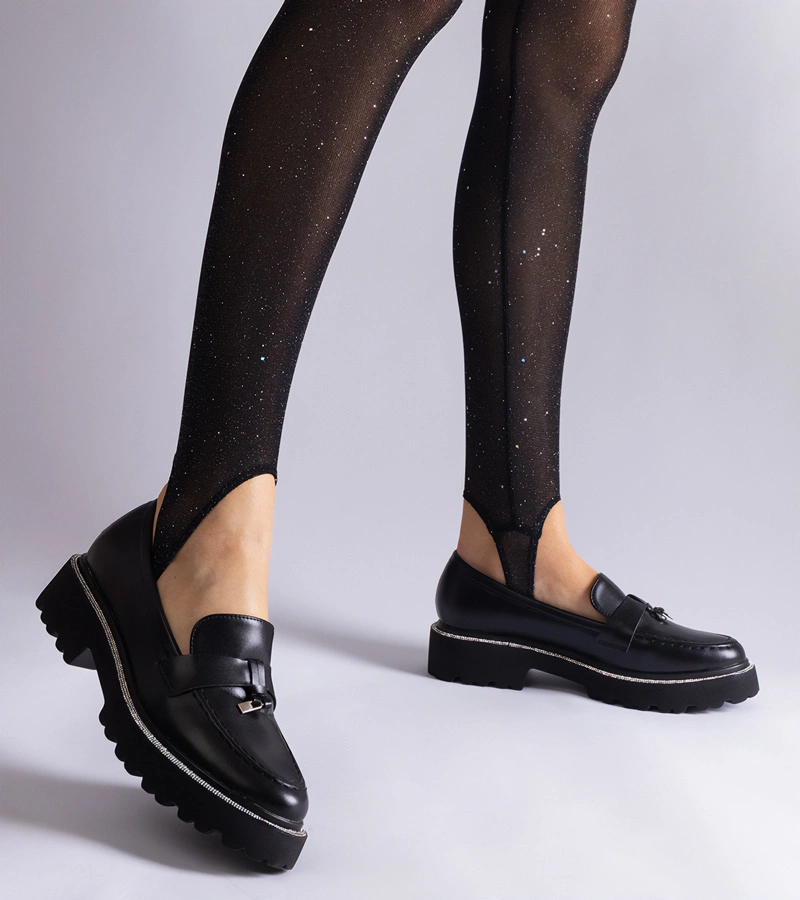 Henley vastag talpú fekete női műbőr mokaszin