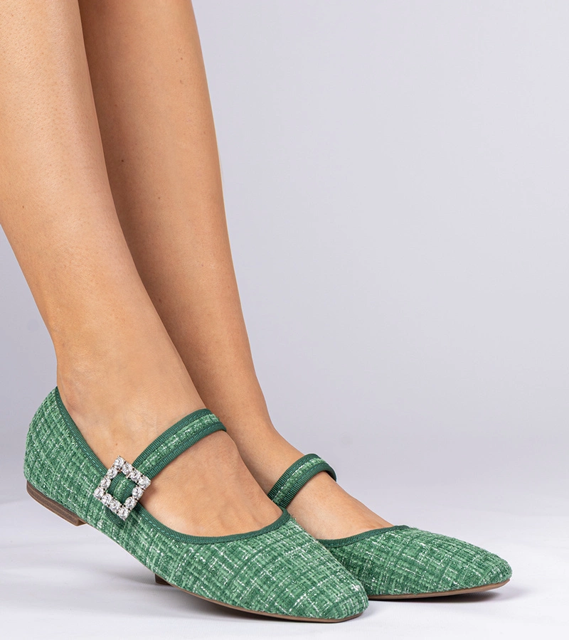 Zöld női balerinák csattal és kristályokkal Piona