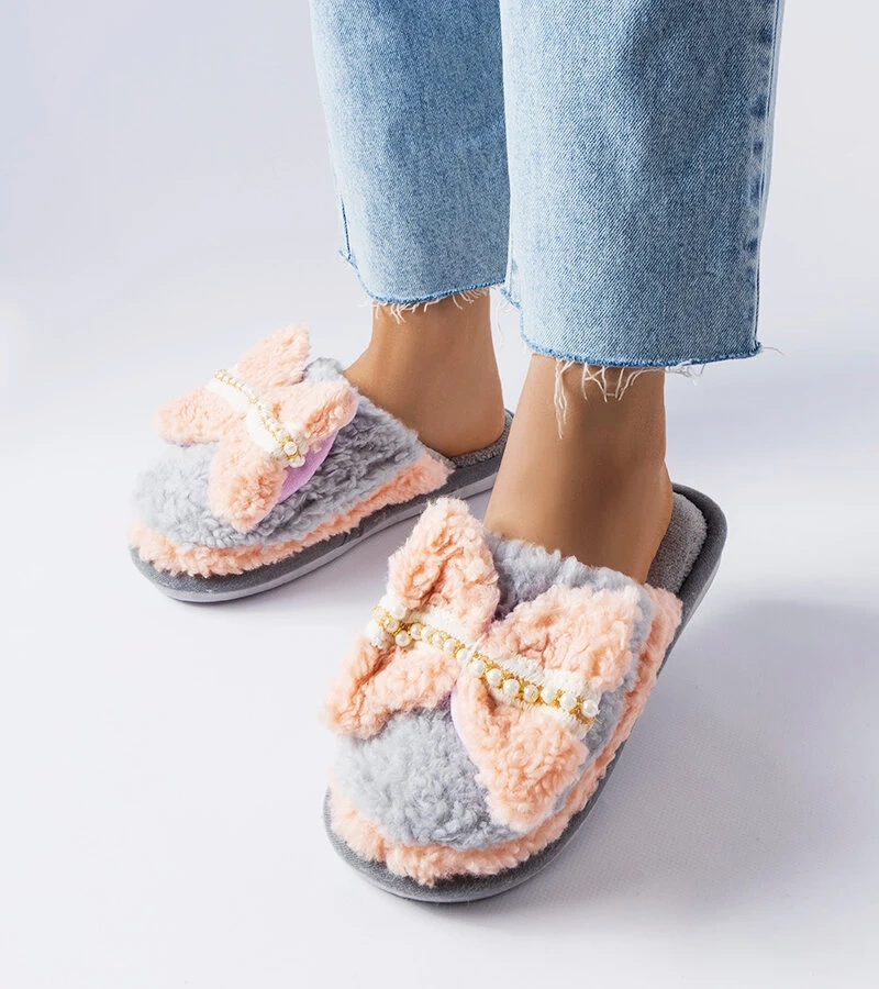 Szürke-rózsaszín papucs masnival