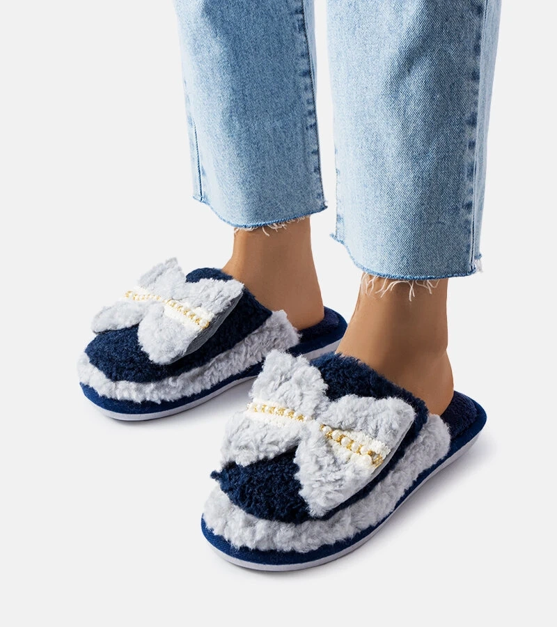 Sötétkék-szürke papucs masnival