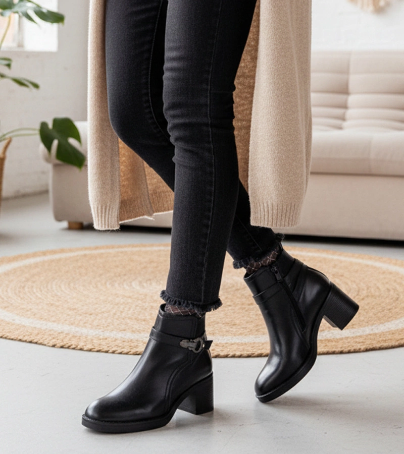 Sanada díszes csatos fekete bokacsizma