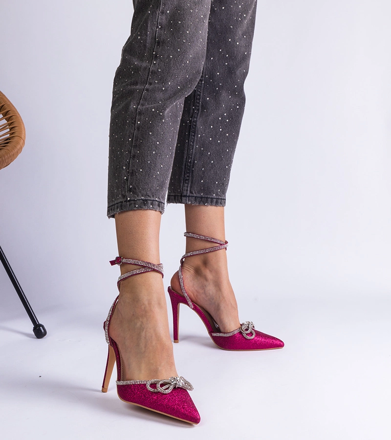 Rózsaszín csillámos tűsarkú cipők masnival és cirkóniával Merkuri