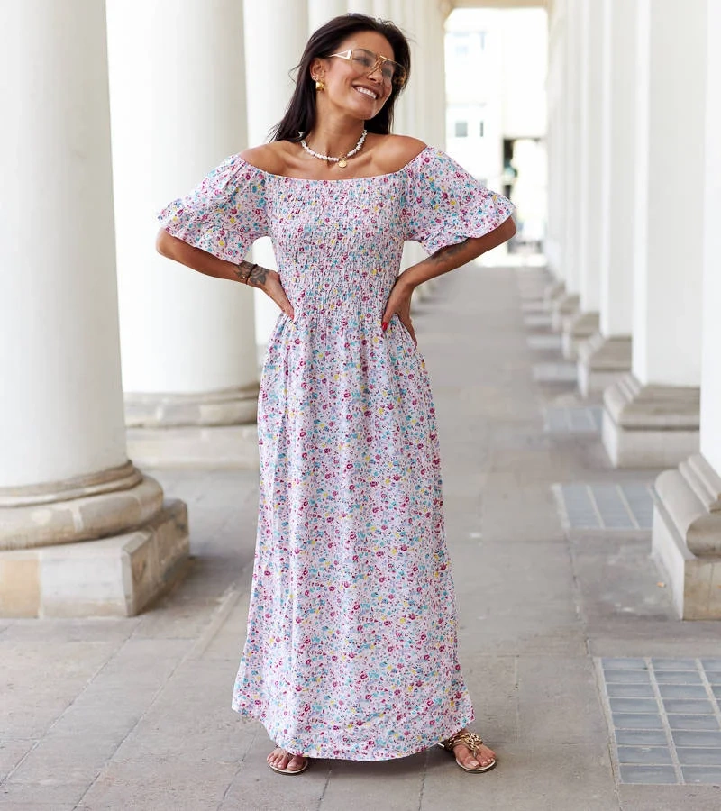 Rózsaszín maxi virágos Calabrese ruha