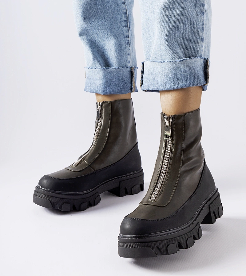 Sötétzöld masszív bokacsizma Morley cipzárral