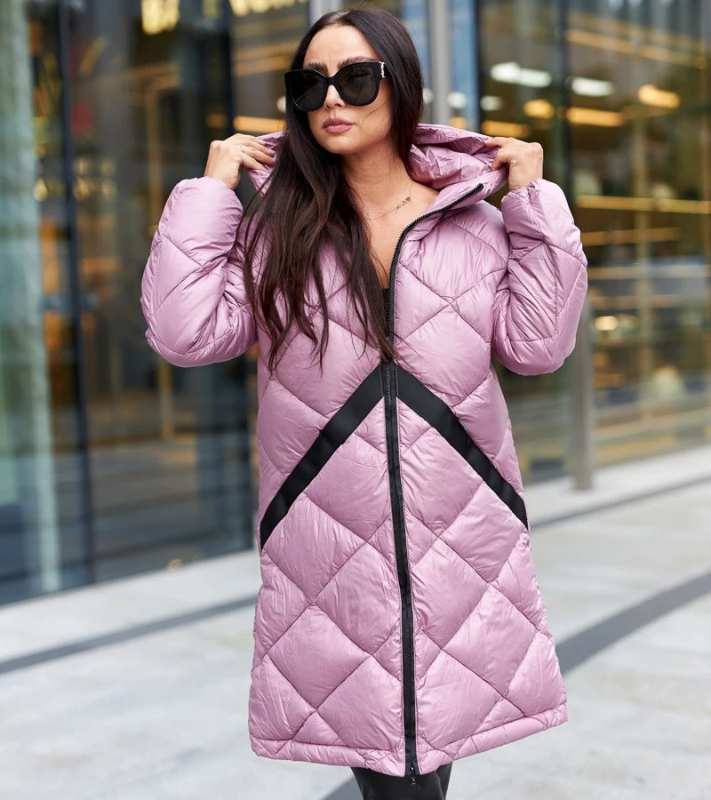 Hosszú rózsaszín steppelt dzseki Merigo sávval