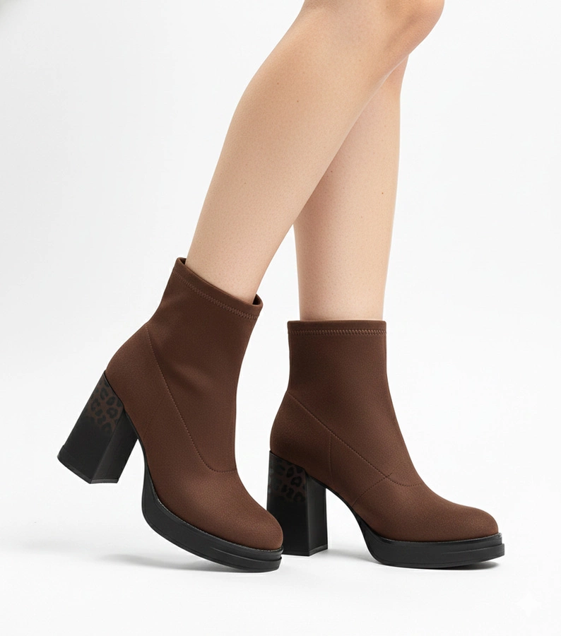 Barna bokacsizma leopárdmintás, díszített tömbsarkú Delora