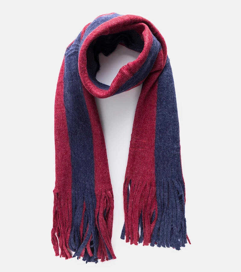 Sötétkék-vörös Lana bojtos sál