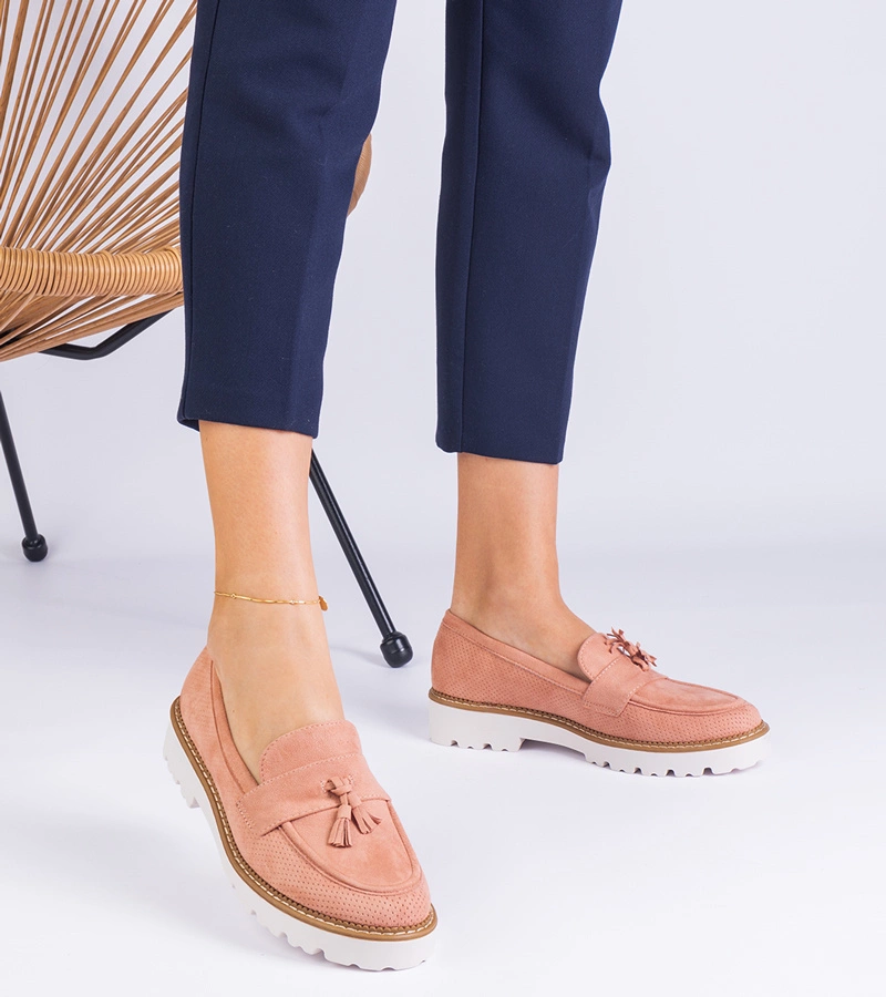 Rózsaszín női ökobőr mokaszin díszítéssel Balada