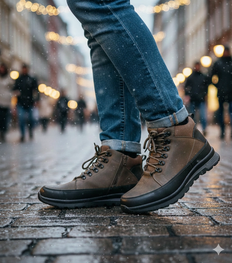 Szürke szőrmével bélelt férfi bakancsok vastag talppal Paul