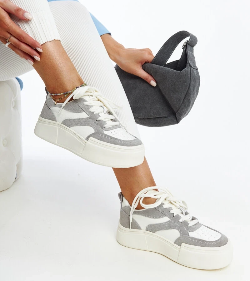 Kawthar vastag talpú szürke-fehér bőr tornacipő