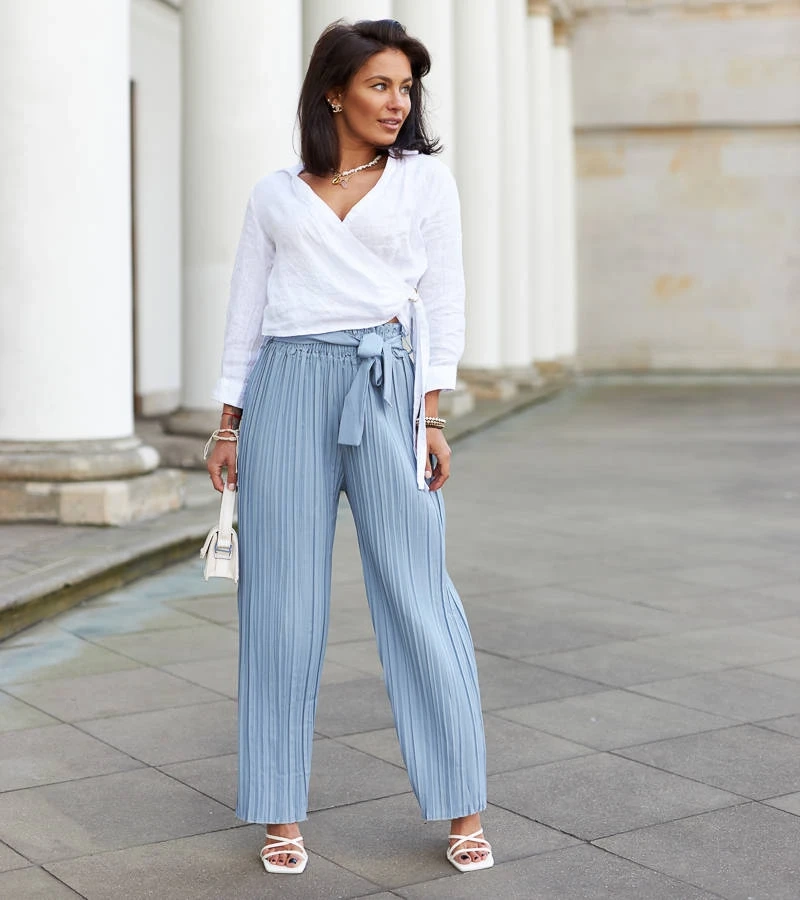 Kék női széles pliszírozott nadrág Anisa