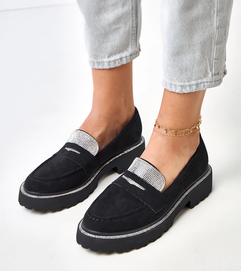 Fekete ekobőr mokaszinok cirkóniákkal díszítve Kloren