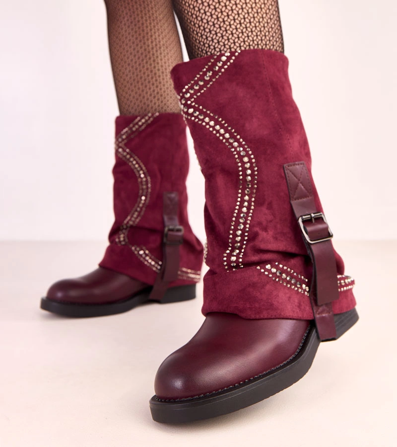 Bordó, felhajtott szárú, strasszokkal díszített Ginny bokacsizma
