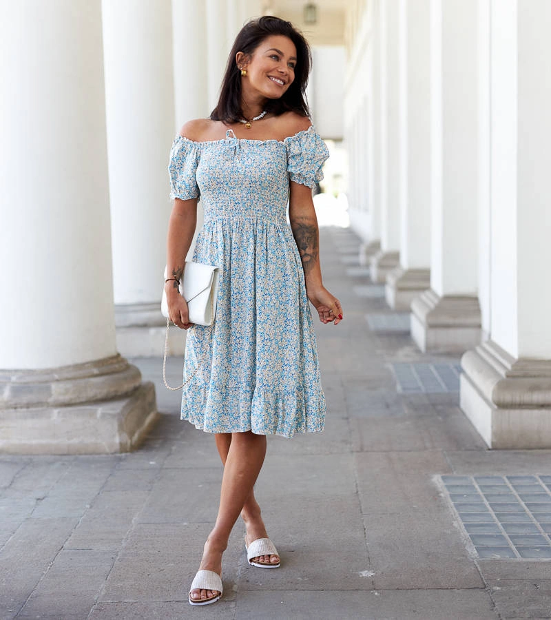 Kék virágos Astolfa kötős ruha