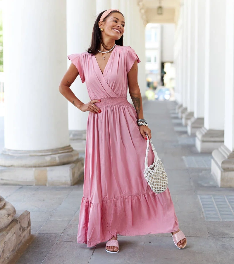 Rózsaszín maxi ruha Chiusa gyűrőkkel