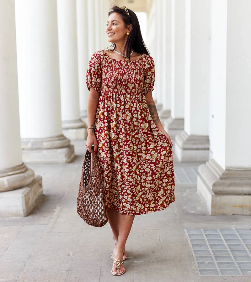 Piros virágos midi ruha Cocci