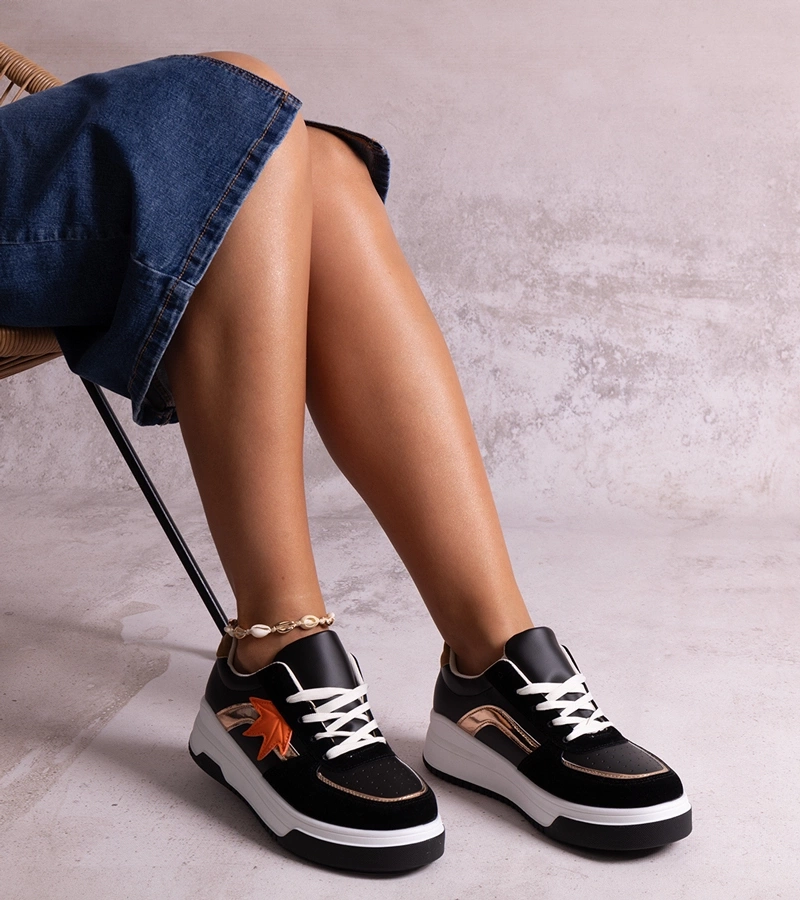 Fekete műszálas bőr betétes Kollins tornacipők