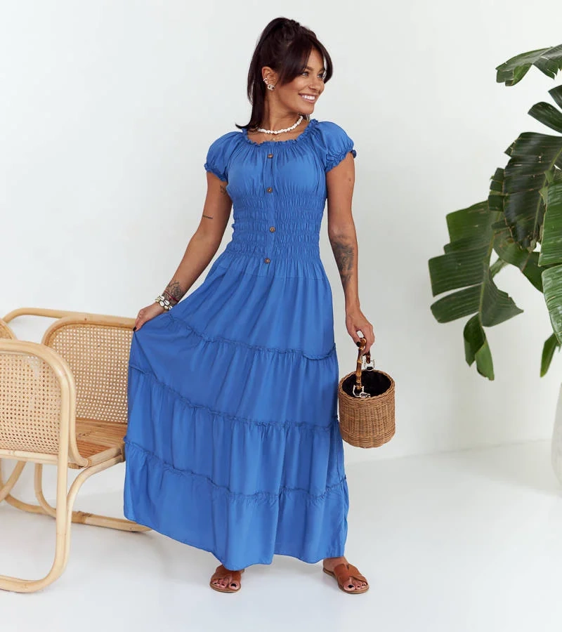 Kék maxi ruha Elenna ráncokkal