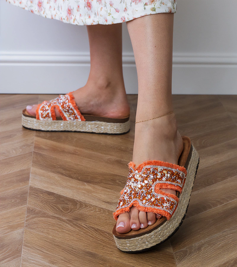 Narancssárga strasszos és köves espadrille papucs Najros