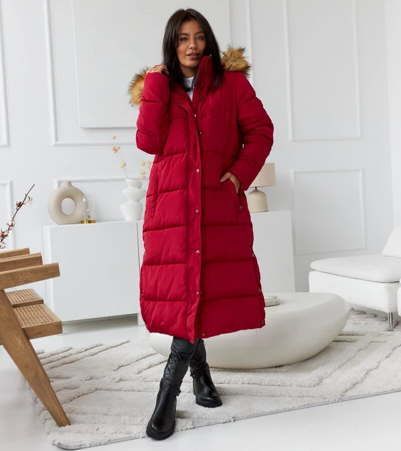 Piros hosszú kabát leválasztható kapucnival Fela