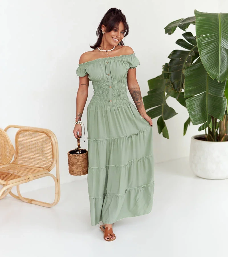 Zöld maxi ruha Elenna ráncokkal