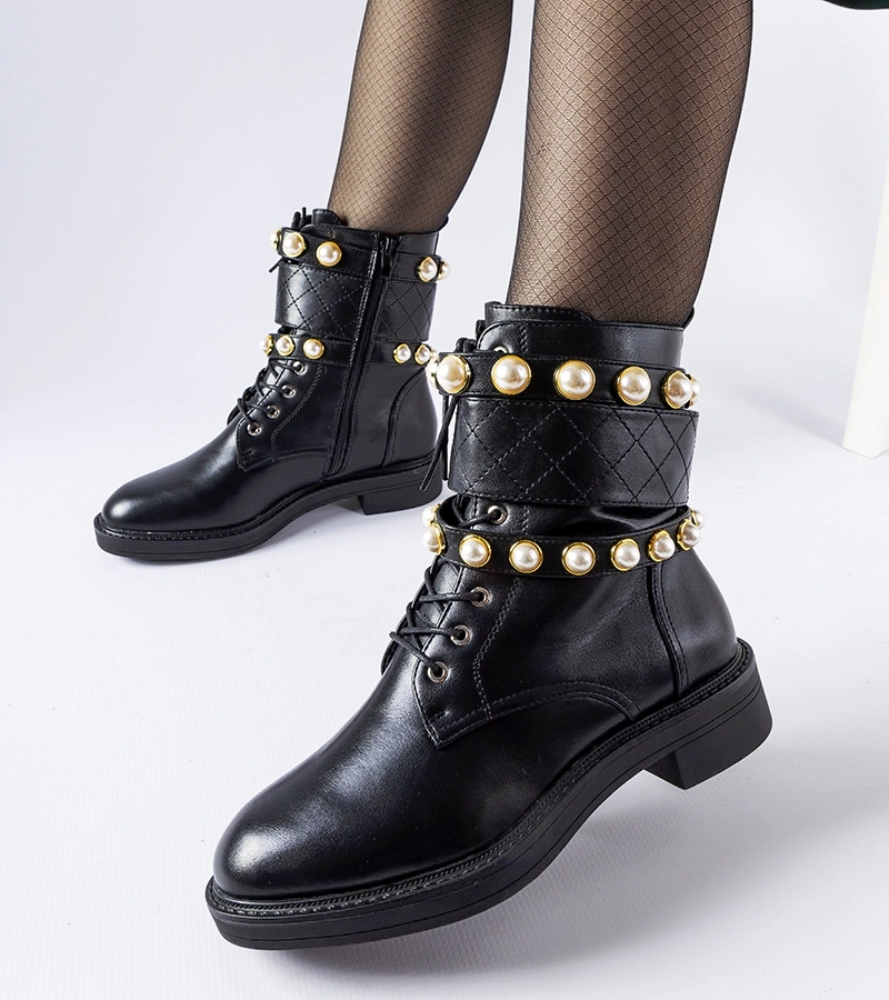 Fekete gyöngyös Normand melegített bokacsizma