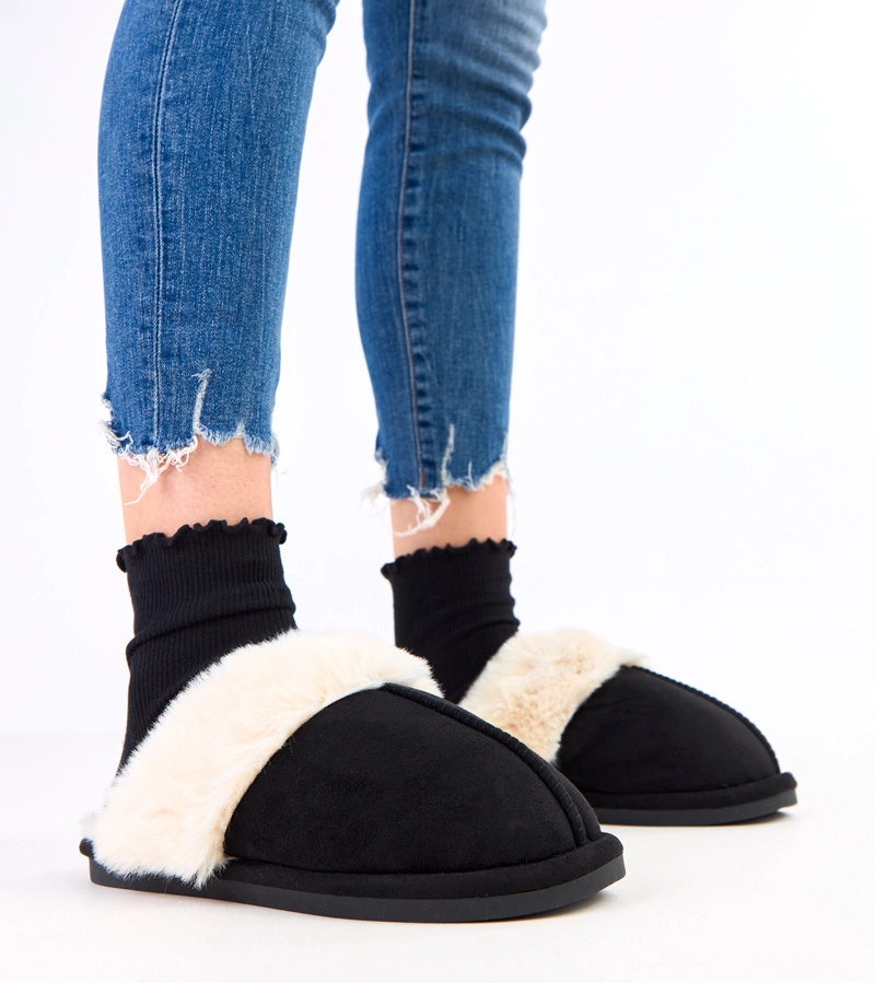 Fekete papucs világos szőrmével Helison