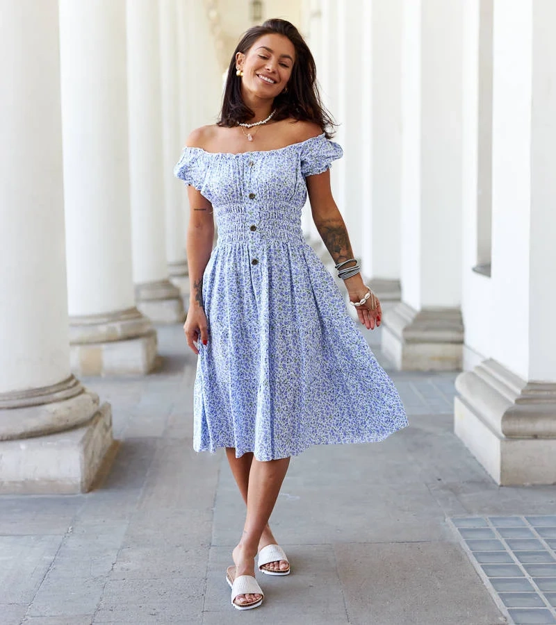 Bresciana virágos közepes hosszúságú lila ruha