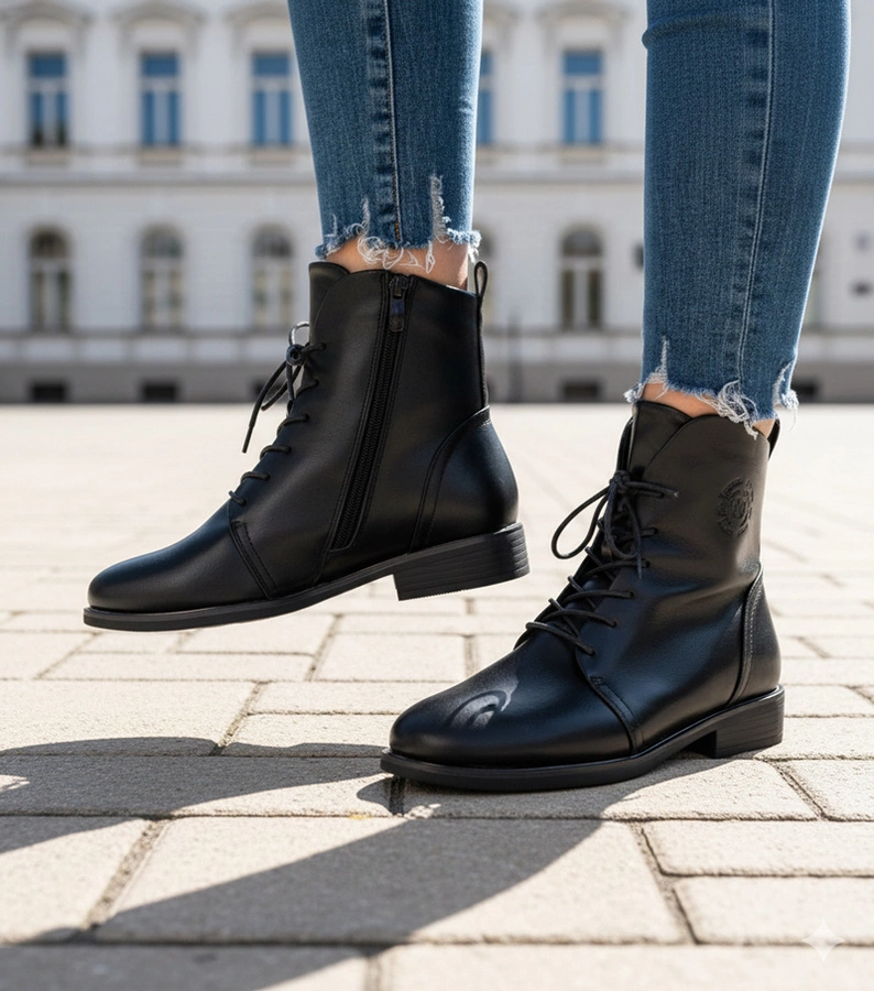 Eladia fűzős fekete bokacsizma béléssel