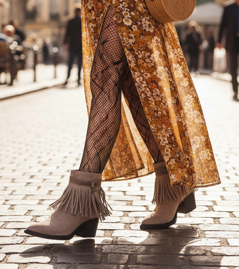 Sötétbézs rojtokkal díszített oszlopsarkú bokacsizma Mulan