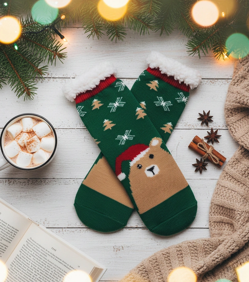 Zöld melegített medve mintás zokni