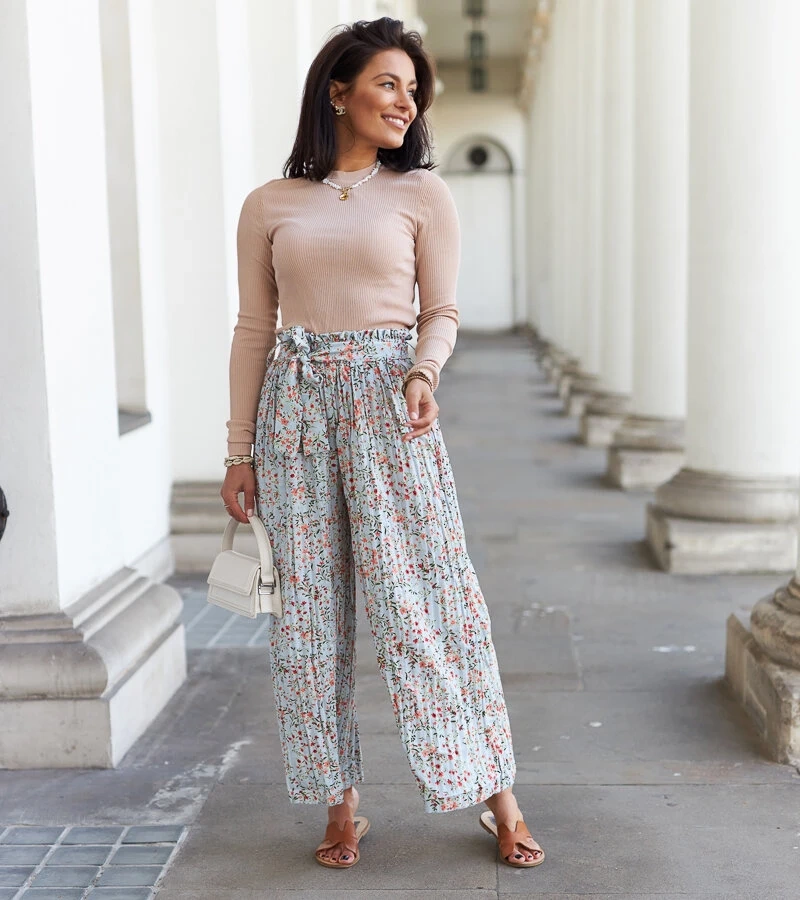 Kék női széles pliszírozott nadrág Asida