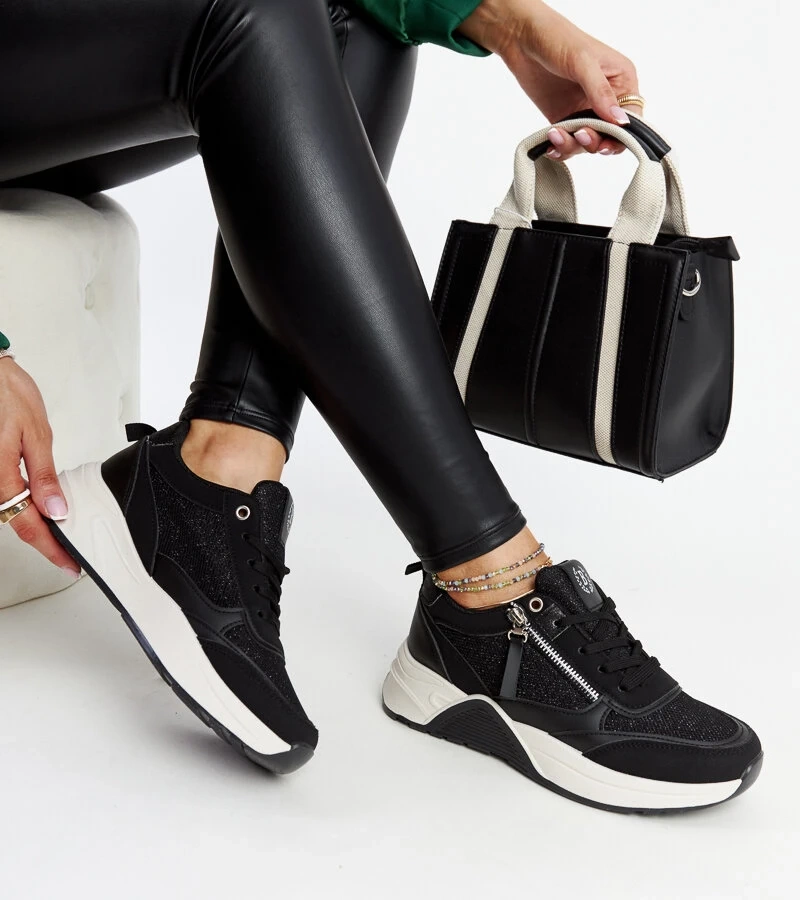 Fekete csillogó Makda platformos edzőcipők