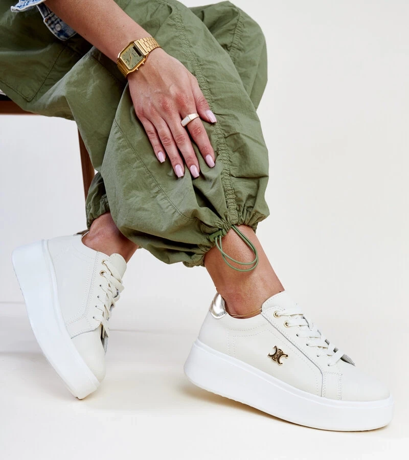 Melita világos bézs bőr magas talpú tornacipők