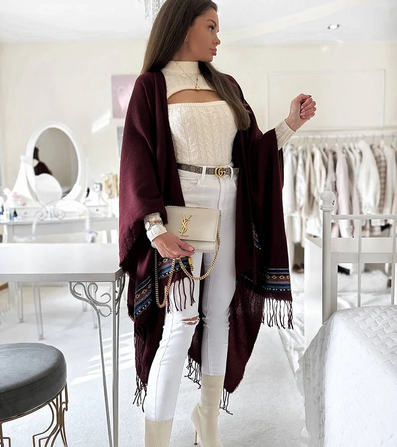 Bordó bojtos poncsó Jakobe