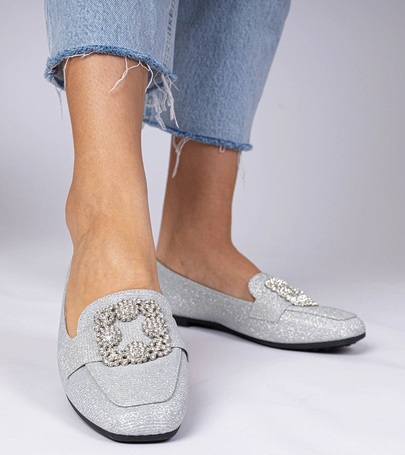 Ezüst csillogó mokaszinok cirkóniával Sawelia