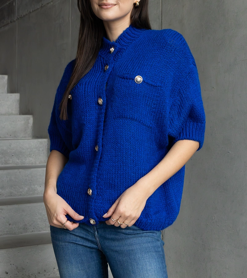 Női kék rövid ujjú pulóver díszgombokkal Shela
