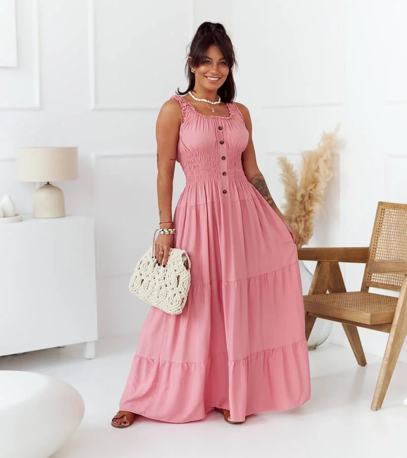 Rózsaszín maxi ruha Hildi vállpántokkal