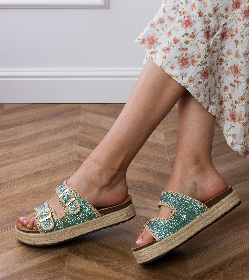 Zöld csatos, csillogó espadrille papucs Induri